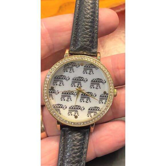 Women's 40mm Gold Tone Watch, Elephant Patterned Face, Crystal Accents - Picture 3 of 3